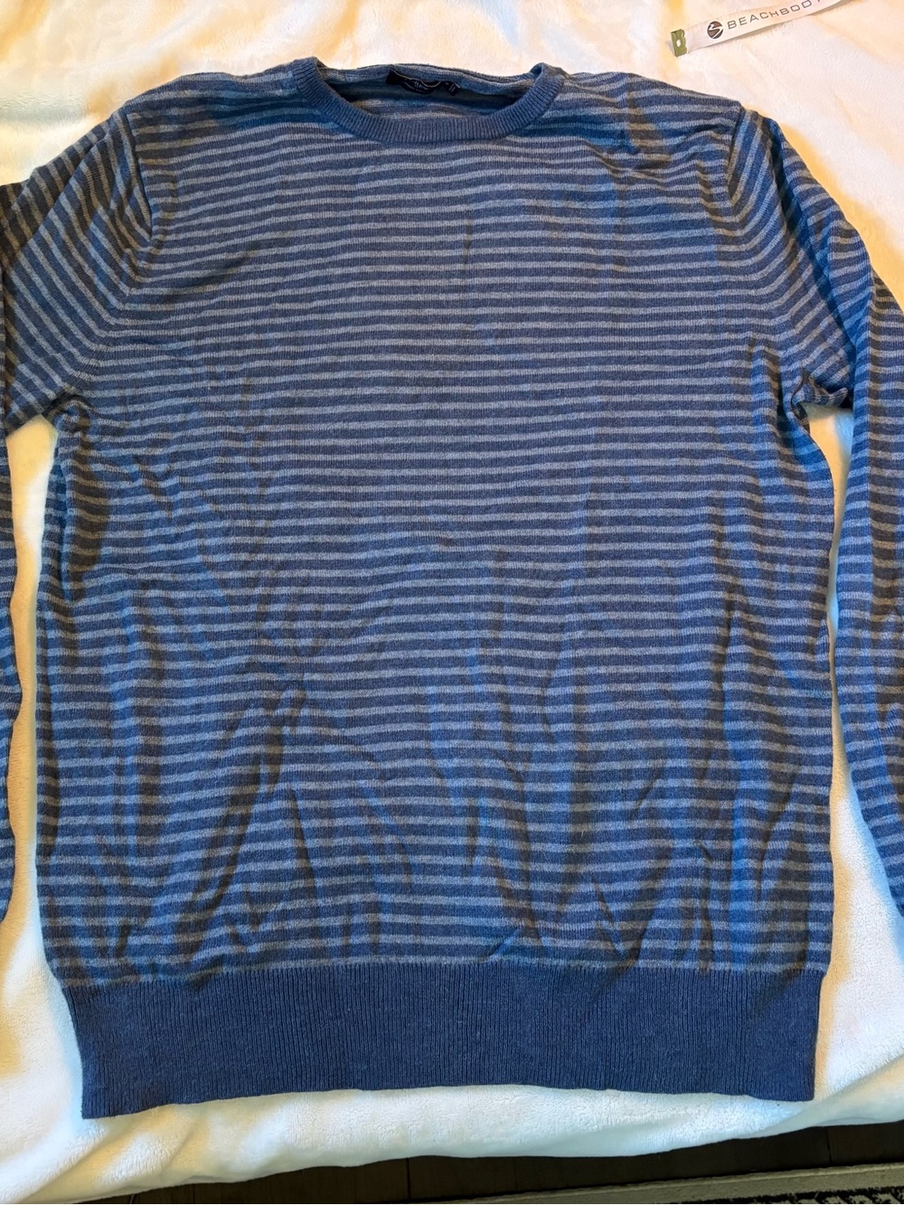 J. Crew Men's Navy and Light Blue Striped Crewneck Sweater Size Medium